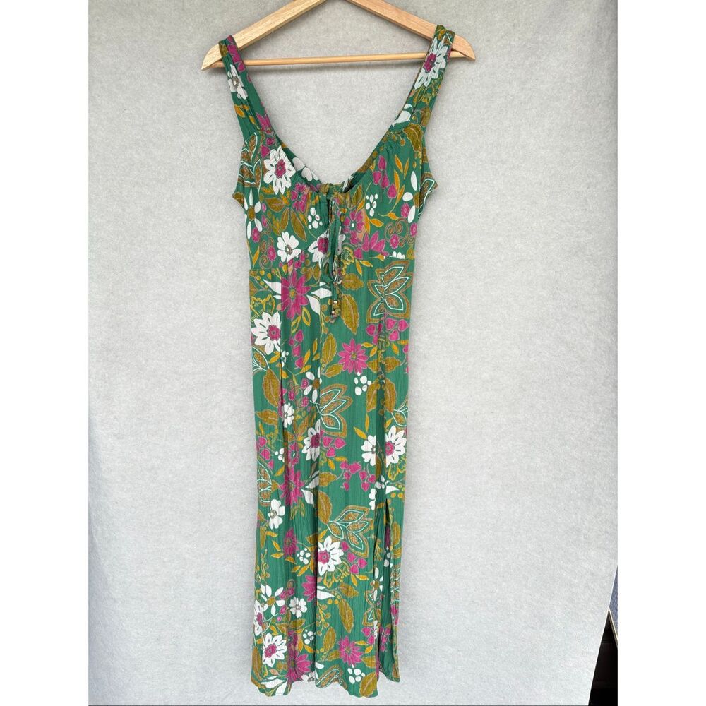 Angie Floral Boho Midi Dress Size S Green Pink Rayon Cottagecore Slip Milkmaid - Picture 2 of 8